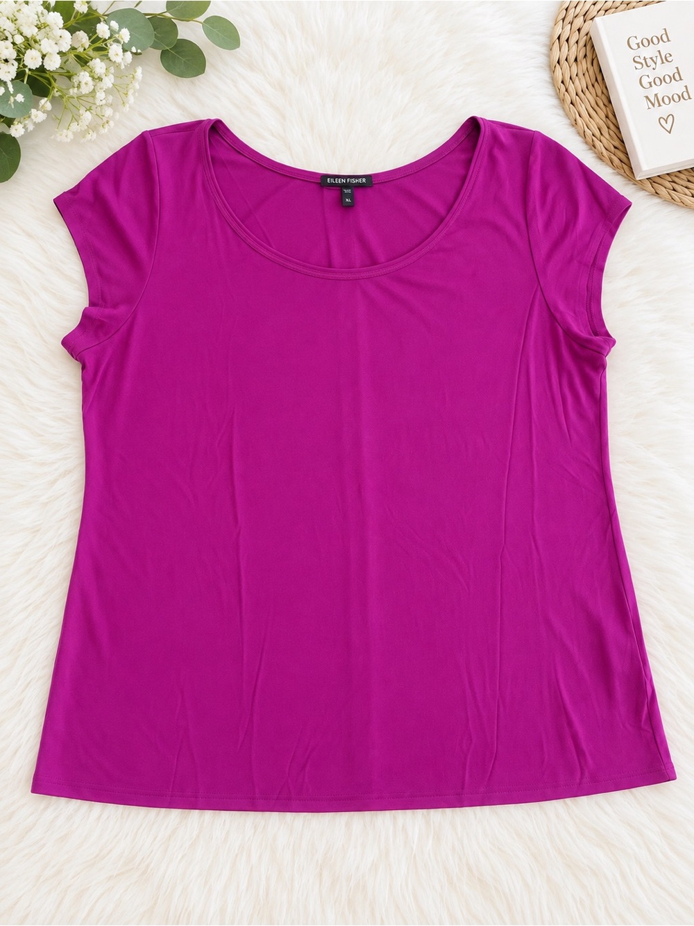 Eileen Fisher 100% Silk Fuchsia Scoop Neck Top XL